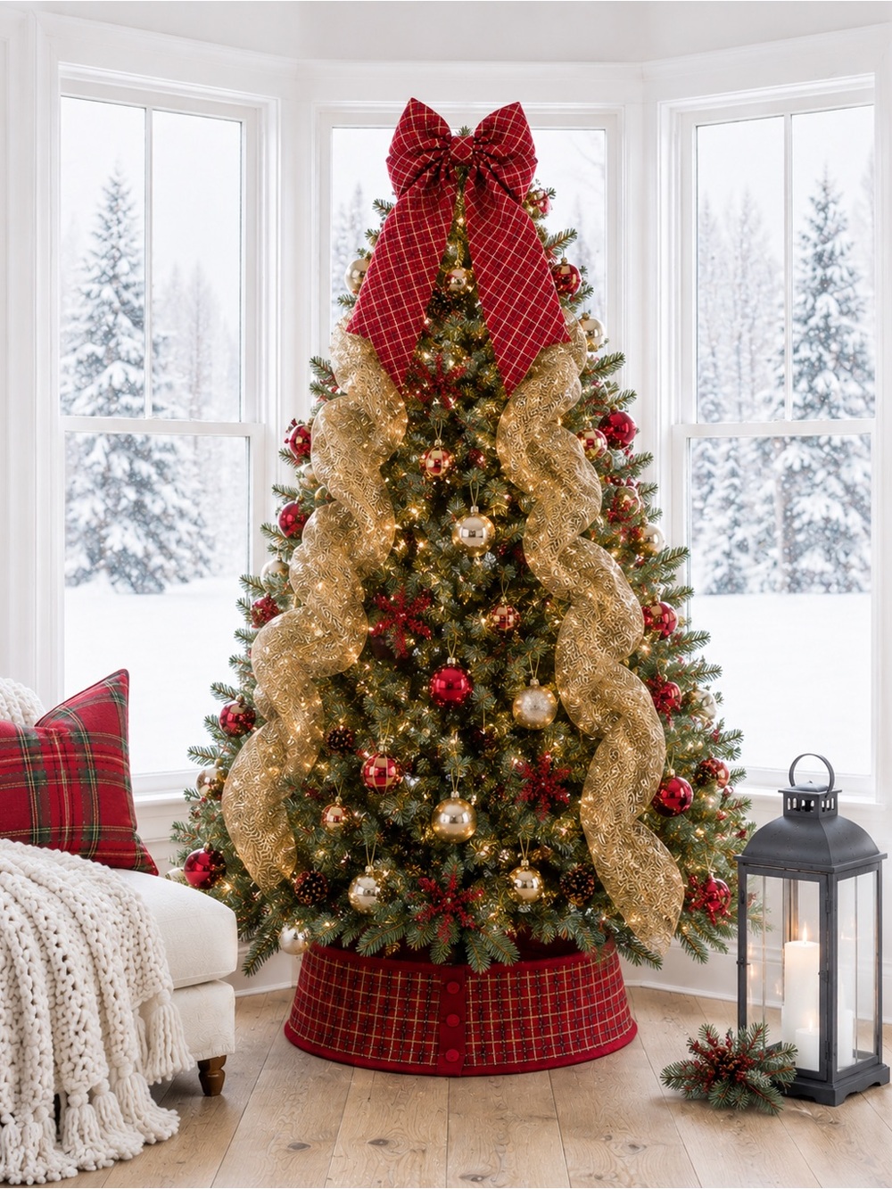 Christmas Tree Decor Bundle Red Plaid Bow Tree Skirt Gold Mesh Scarf